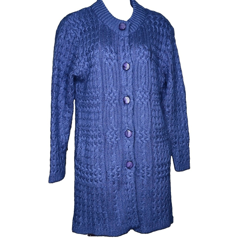 Oliza Women's Purple Cable Knit Long Line Cardigan Sweater Coat M Fisherman